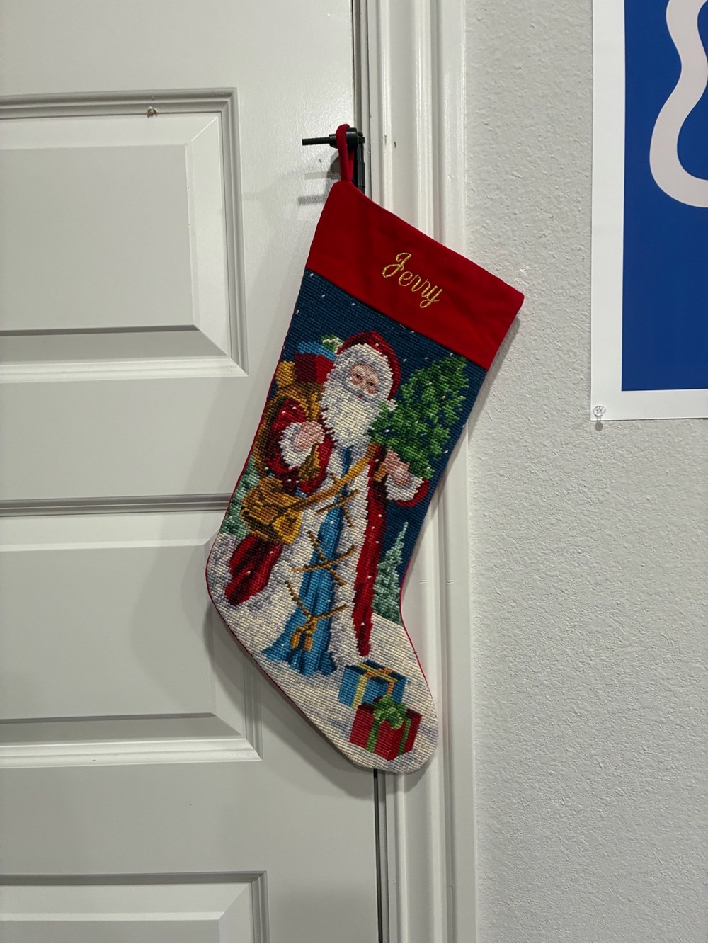 Embroidered Red Santa Holiday Stocking with Needlepoint Design